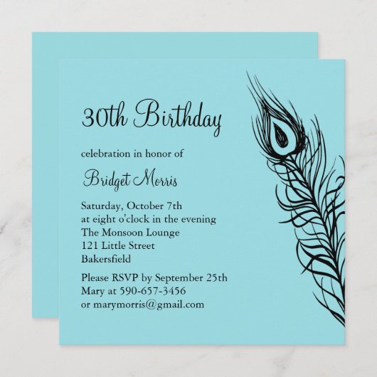 シェイクユテールフェザー誕生日招待状ターコイズ 招待状 (正面/裏面)