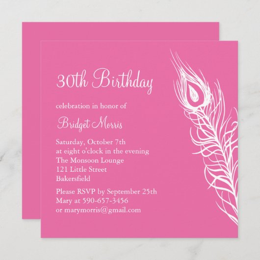 シェイクユテールフェザー誕生日招待状(明るい赤紫色) 招待状 (正面/裏面)