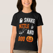 シェイク、ラトル、ブーおもしろいスケルトンパンプキンハロウィーン トライブレンドＴシャツ (正面)