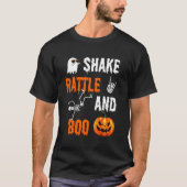 シェイク、ラトル、ブーおもしろいスケルトンパンプキンハロウィーン Tシャツ (正面)