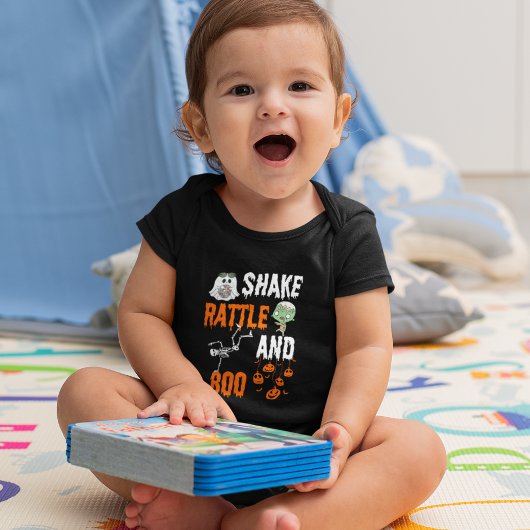 シェイク、ラトル、ブー骨格ゾンビおもしろいハロウィーン ベビーボディスーツ