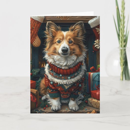 シェットランドシェプドッグとクリスマスプレゼント暖炉 カード (正面)