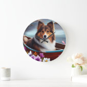 シェットランドシェプドッグをパドルに：風光明媚な冒険 ラージ壁時計 (ホーム)