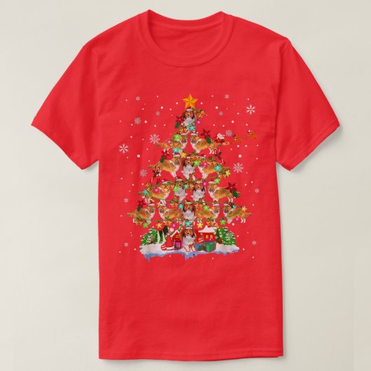 シェットランドシェプドッグクリスマスツリーライトサンタシェル Tシャツ (デザイン正面)