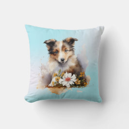 シェットランドシェプドッグパピペットの水のカラーフラワー クッション