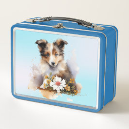 シェットランドシェプドッグパピペットの水のカラーフラワー メタルランチボックス
