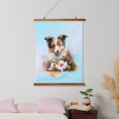 シェットランドシェプドッグパピペットの水のカラーフラワー 吊り下げ型タペストリー (寝室)