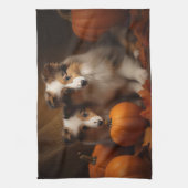 シェットランドシェプドッグパプピー秋デライトカボチャ キッチンタオル (縦)