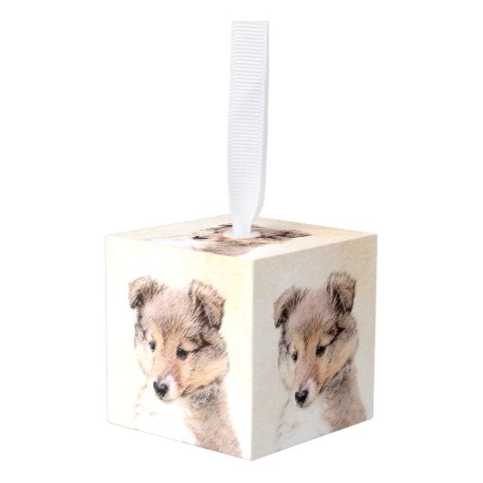 シェットランドシェプドッグ絵画子犬のオリジナルドッグアート キューブオーナメント (正面アングル)