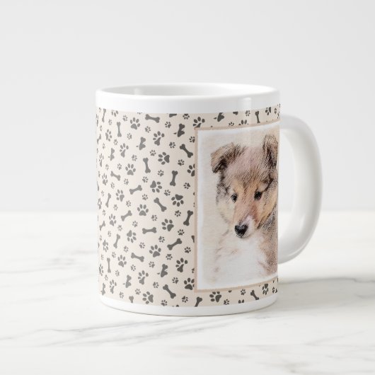 シェットランドシェプドッグ絵画子犬のオリジナルドッグアート ジャンボコーヒーマグカップ (正面右)