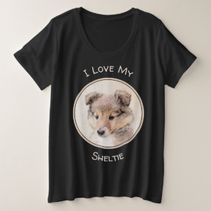 シェットランドシェプドッグ絵画子犬のオリジナルドッグアート プラスサイズTシャツ