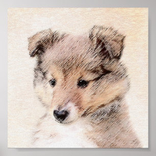 シェットランドシェプドッグ絵画子犬のオリジナルドッグアート ポスター