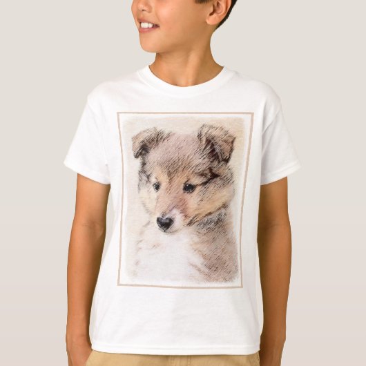 シェットランドシェプドッグ絵画子犬のオリジナルドッグアート Tシャツ (正面)
