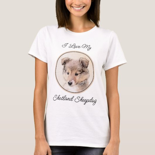 シェットランドシェプドッグ絵画子犬のオリジナルドッグアート Tシャツ (正面)