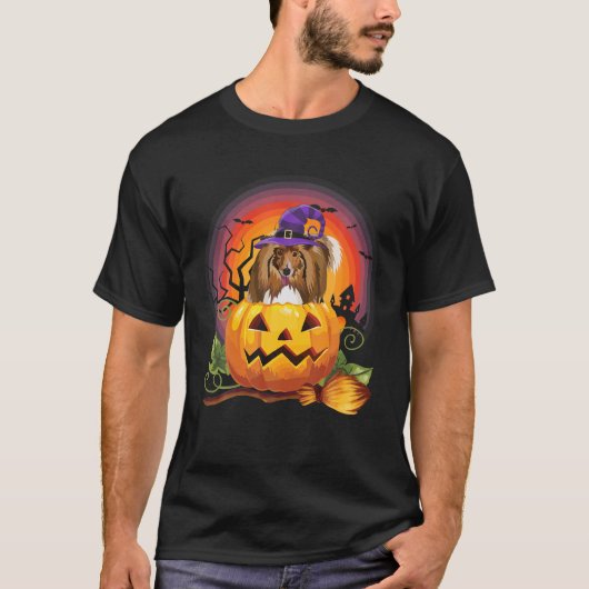 シェットランドシェプドッグ魔女かぼちゃハロウィンドッグ Tシャツ (正面)