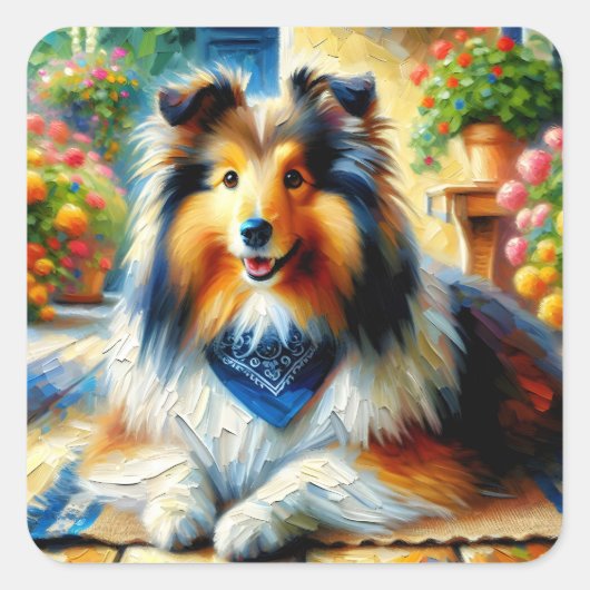 シェットランドシープドッグの別荘庭園シーン スクエアシール (正面)