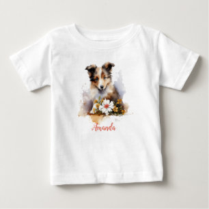 シェットランドシープドッグの子犬 ペット 水彩 花 ベビーTシャツ