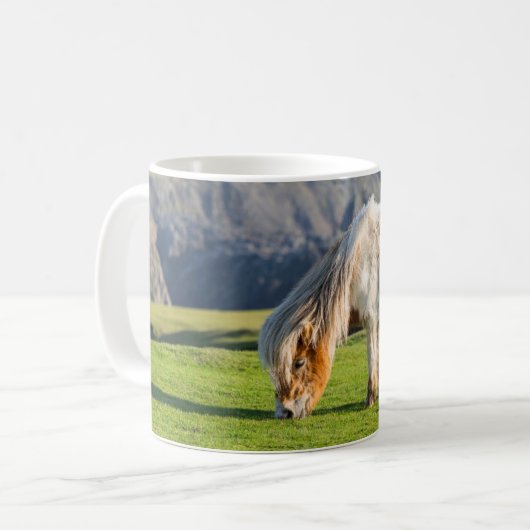 シェットランドポニーの牧草地の高い崖の近く コーヒーマグカップ (正面左)
