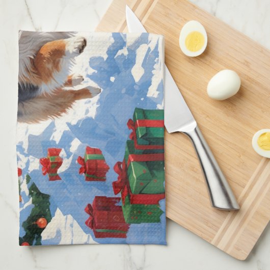 シェットランド走シェプドッグのクリスマス帽で雪 キッチンタオル (四つ折り)