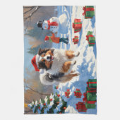 シェットランド走シェプドッグのクリスマス帽で雪 キッチンタオル (縦)
