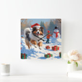 シェットランド走シェプドッグのクリスマス帽で雪 スクエア壁時計 (ホーム)