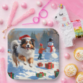 シェットランド走シェプドッグのクリスマス帽で雪 ペーパープレート (パーティー)