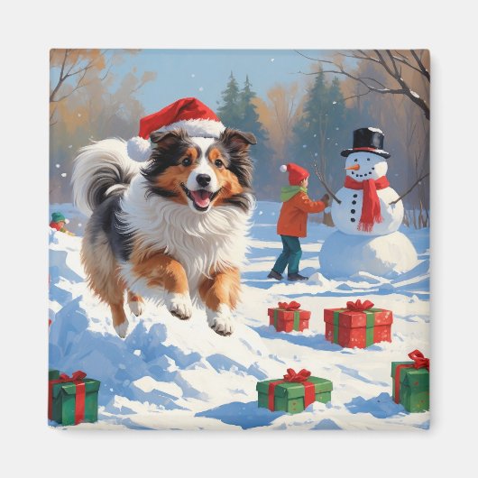シェットランド走シェプドッグのクリスマス帽で雪 マグネット (正面)