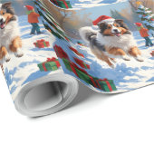 シェットランド走シェプドッグのクリスマス帽で雪 ラッピングペーパー (ロールコーナー)