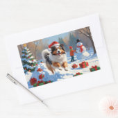 シェットランド走シェプドッグのクリスマス帽で雪 長方形シール (封筒)