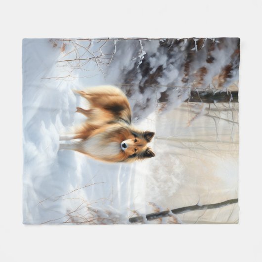 シェットランド・シェプドッグが雪のクリスマスを過ごした フリースブランケット (正面(横))