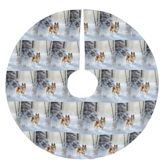 シェットランド・シェプドッグが雪のクリスマスを過ごした ブラッシュドポリエステルツリースカート (正面)