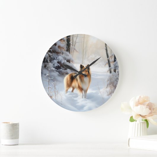 シェットランド・シェプドッグが雪のクリスマスを過ごした ラージ壁時計 (ホーム)