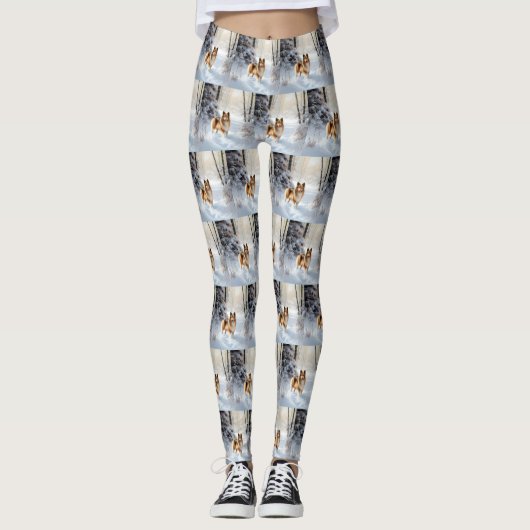 シェットランド・シェプドッグが雪のクリスマスを過ごした レギンス (正面)