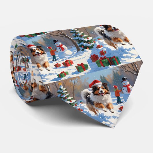 シェットランド・シープドッグのクリスマス帽子と雪遊び ネクタイ (ロール)