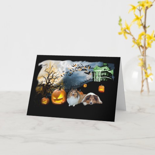 シェットランド・シープドッグのハロウィンの挨拶状 カード (黄色い花)