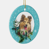 シェットランド・ シープドッグドッグスノーフレークブルーフレームホリデーブーケ セラミックオーナメント (右)