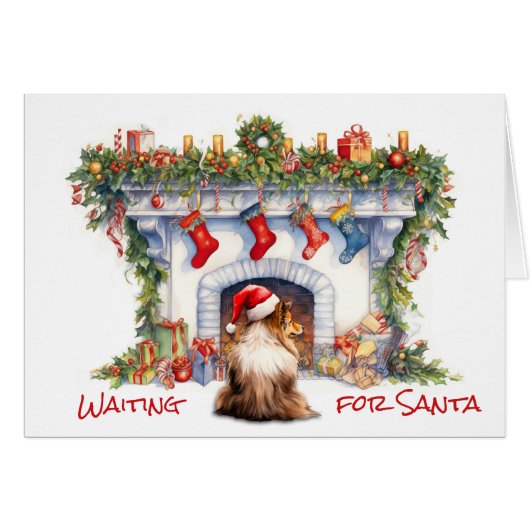 シェットランド・ シープドッグ犬がサンタクリスマス暖炉を待つ (正面横)