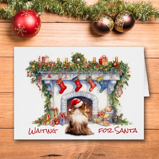 シェットランド・ シープドッグ犬がサンタクリスマス暖炉を待つ