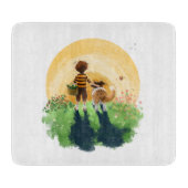 シェットランド・ シープドッグ犬と少年が夕日に入る カッティングボード (正面)