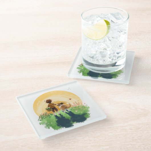 シェットランド・ シープドッグ犬と少年が夕日に入る ガラスコースター (アングル)