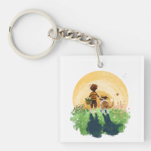 シェットランド・ シープドッグ犬と少年が夕日に入る キーホルダー (正面)