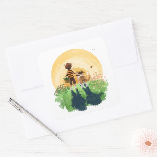 シェットランド・ シープドッグ犬と少年が夕日に入る スクエアシール (封筒)