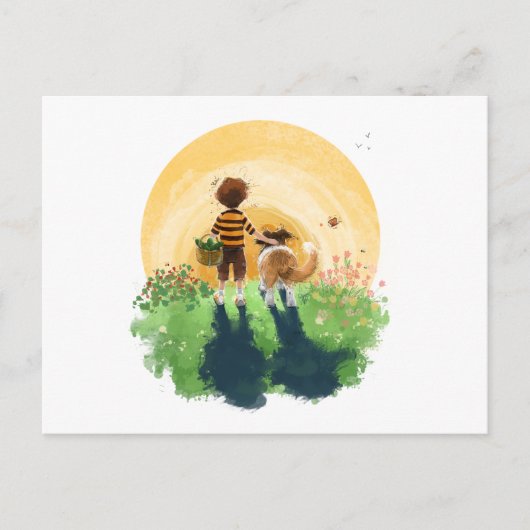 シェットランド・ シープドッグ犬と少年が夕日に入る ポストカード (正面)