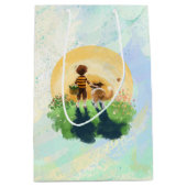 シェットランド・ シープドッグ犬と少年が夕日に入る ミディアムペーパーバッグ (正面)