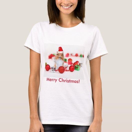 シェットランド・ シープドッグ・ウィッシュ・メリークリスマス女子Tシャツ Tシャツ (正面)