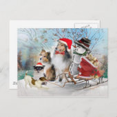 シェットランド・ シープドッグ、ジャック・ラッセルと雪だるま・クリスマスカード シーズンポストカード (正面/裏面)