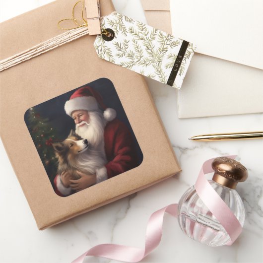 シェトランドシープドッグサンタクロースフェスティバルクリスマス スクエアシール (ギフト)