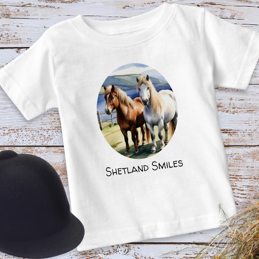 シェトランドポニーの水彩画のかわいい馬の絵 ベビーTシャツ