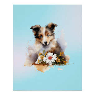 シェトランド・シープドッグの子犬 ペット 水彩 花 ポスター