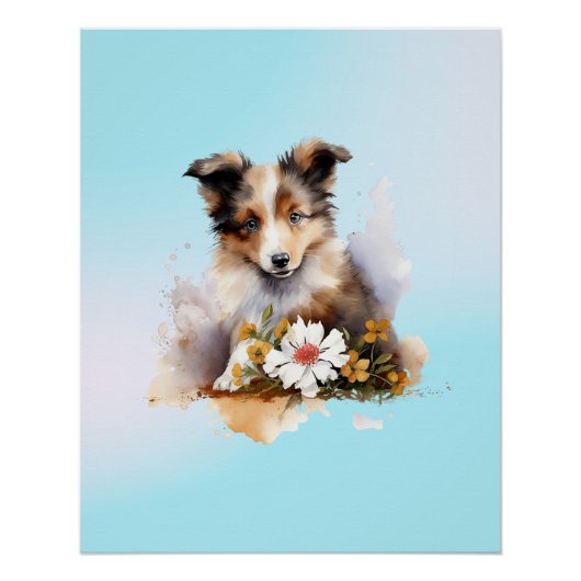 シェトランド・シープドッグの子犬 ペット 水彩 花 ポスター (正面)